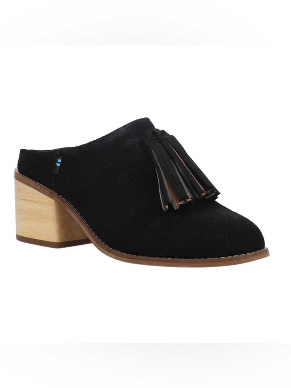 TOMS Leila Black Suede Tassel Mules with Wood Heel Women’s Size 7.5